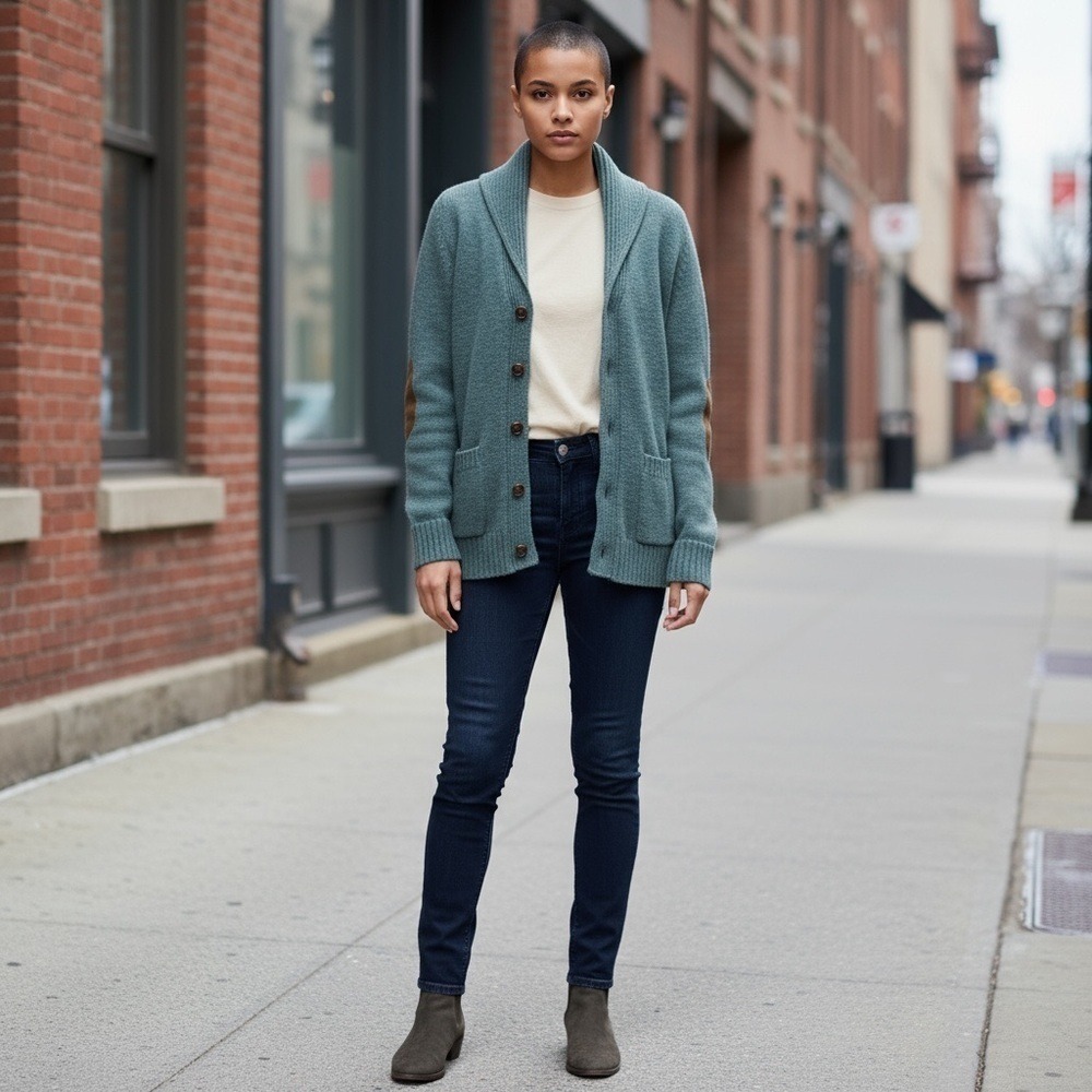 WHO.A.U Cardigan Sweater Women Small Blue Shawl Collar Elbow Patch Excellent